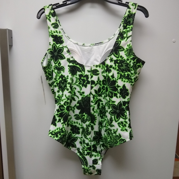 NWT Emily B Originals White Black Neon Green One Piece Floral Swimsuit - Size XL - Picture 5 of 11
